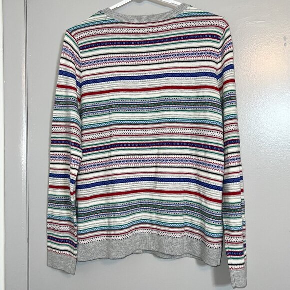 Talbots Blue Gray Red Fair Isle Stripe Nylon Lambswool Cardigan Sweater Size L-P - Picture 5 of 5